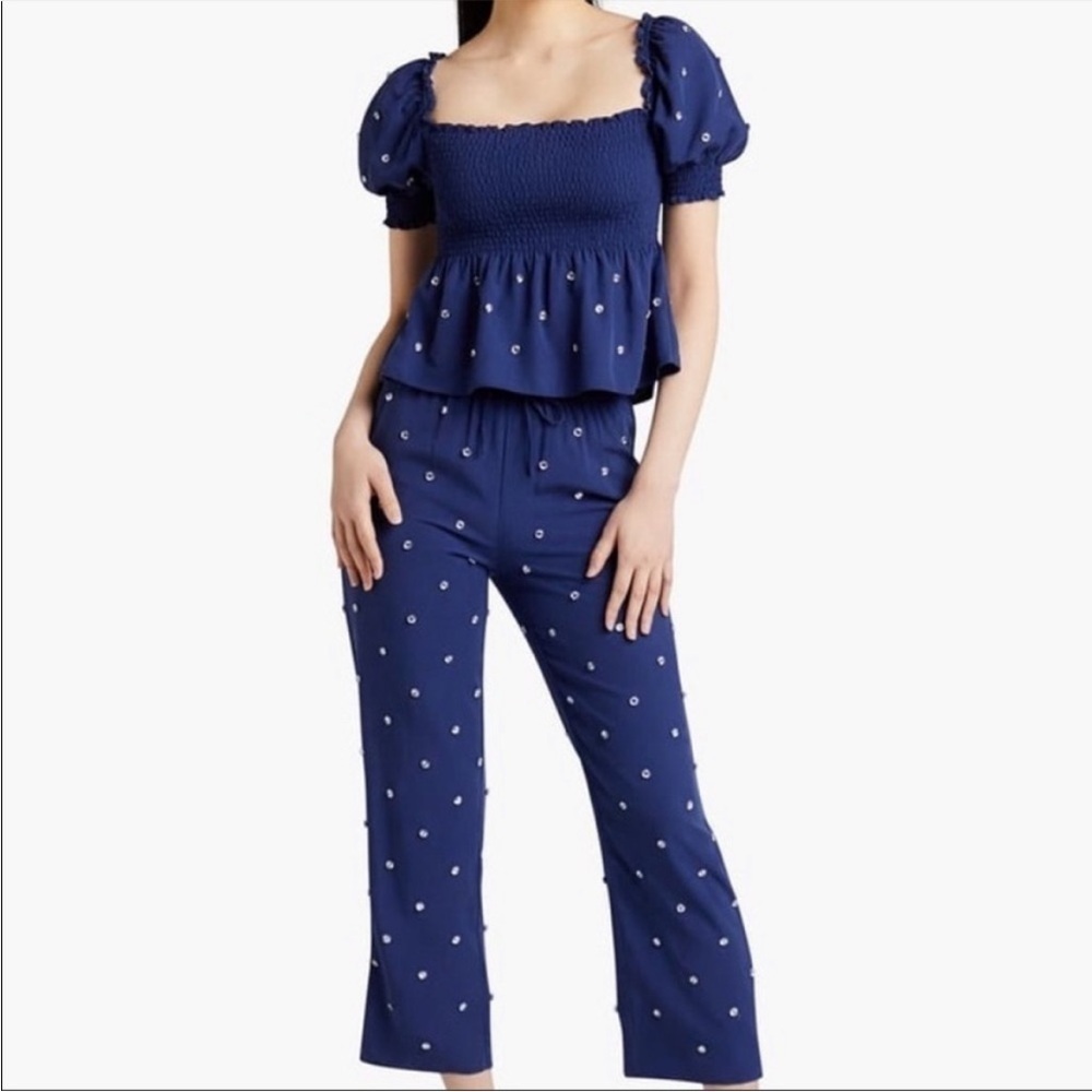 Hill House Navy Blue Beaded Jeweled Pull On Cropped Jammie Pants